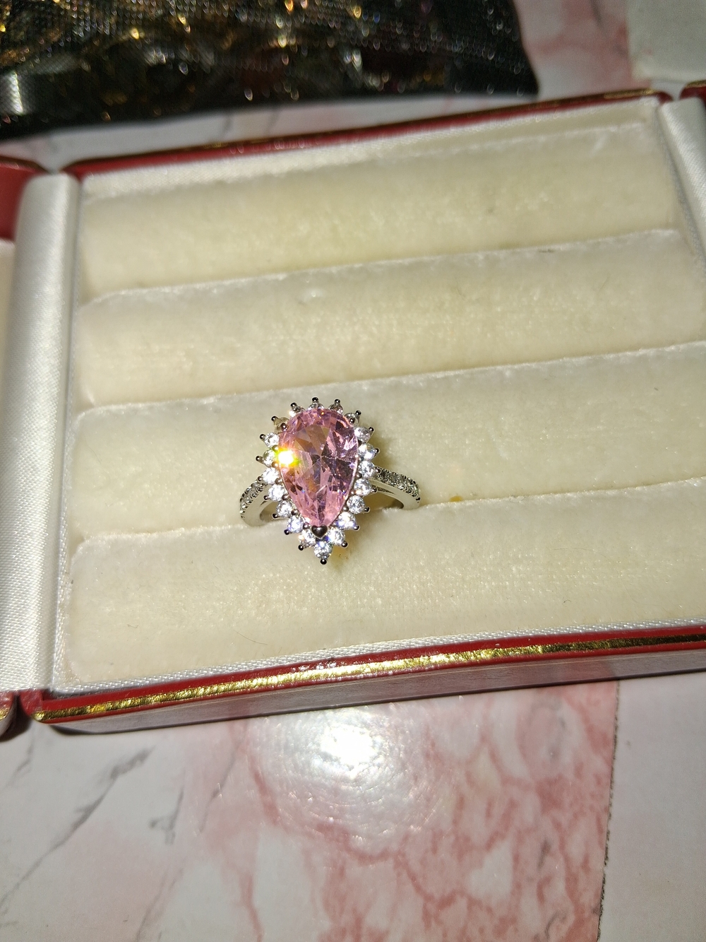 925 Silver Pink Teardrop Halo Ring - Women Jewelry